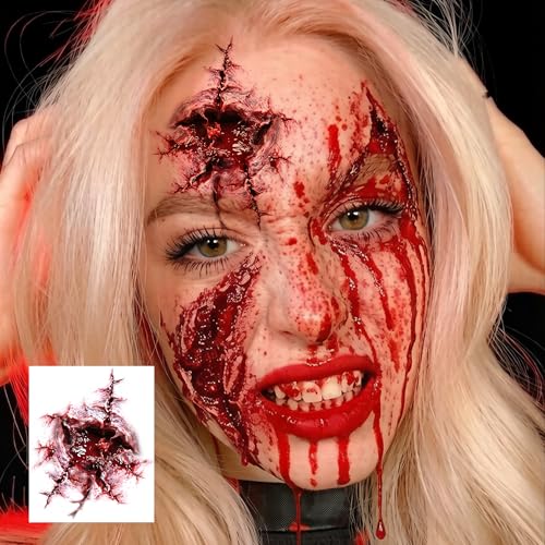 Image of VANTATY 8 Sheets Scary Scratch Scar Tattoos Halloween Temporary Tattoos Face Sticker, Realistic Stitch Wound Injury Fake Scar Tattoos Halloween Costume Zombie Makeup Body Decals Rave Party Accessories