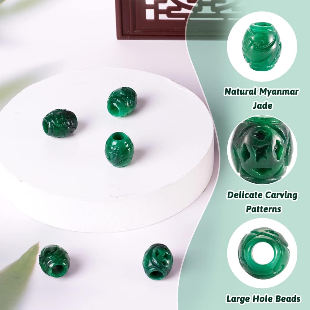 Fashewelry 5Pcs Natural Myanmar Jade Stone Large Hole Beads Barrel Engraving Gemstone European Charm Beads Drum Shape Healing Chakra Gems Loose Spacers for Jewelry Making 5mm Hole - Image 6