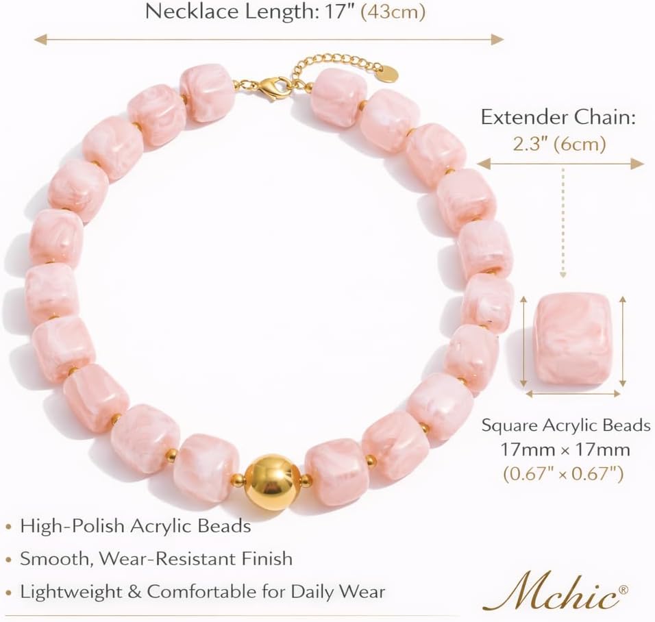 Mchic Colorful Beaded Choker Necklace for Women: Boho Large Square Acrylic Beaded Necklace Stainless Steel Adjustable Surfer Beach Strand Necklces Summer Handmade Jewelry Gift for Women - Image 5