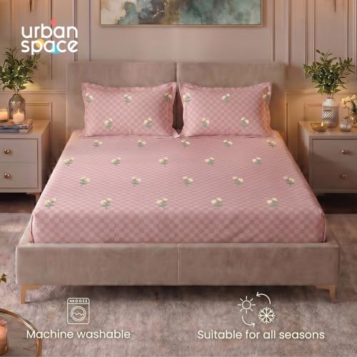 Image of Urban Space 100% Cotton 300TC Jacquard Embroidered bedsheets for King Size Bed, Pure Cotton King Bedsheet, Checks bedsheet King Size with 2 Pillow Covers (108 inch x 108 inch, Neerja Dusty Pink)