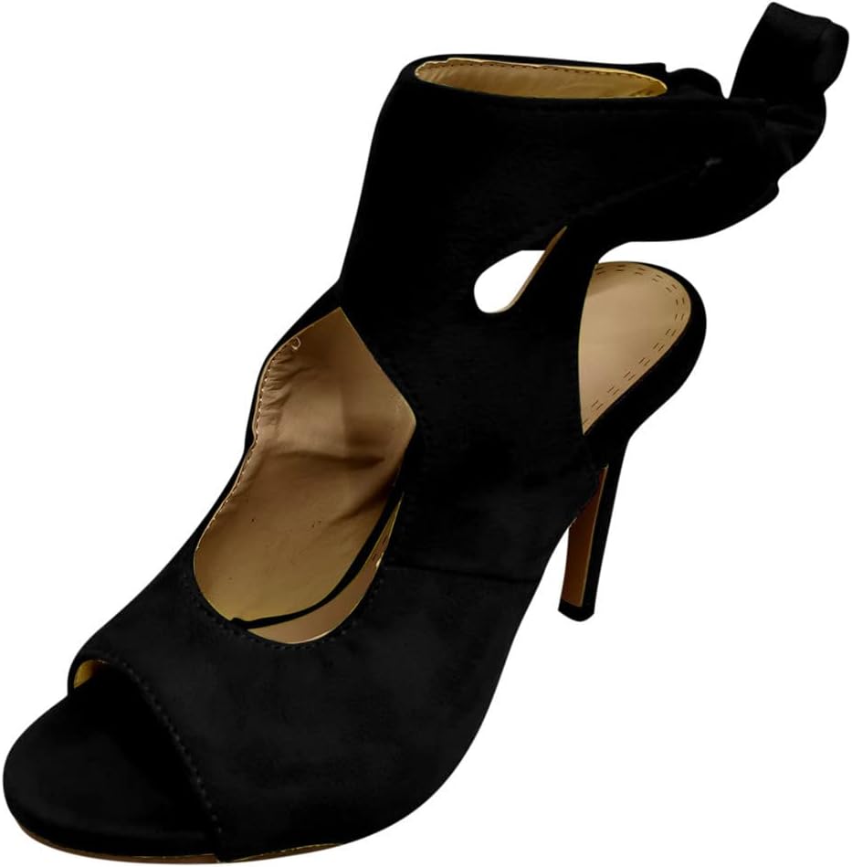 oiangi Womens Suede Super High Heel Sandals Fashion Fish Mouth Hollow Open Toe Strap Back Lace Up Stilettos Summer Solid Comfy Casual Ladies Shoes