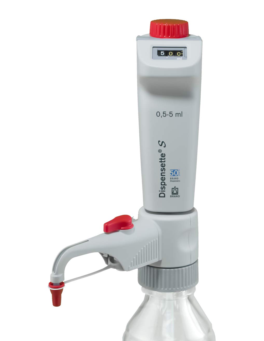 BRANDTECH Scientific 4600331 Dispensette S Digital Bottletop Dispenser with Recirculation Valve, 0.5 mL-5 mL Capacity
