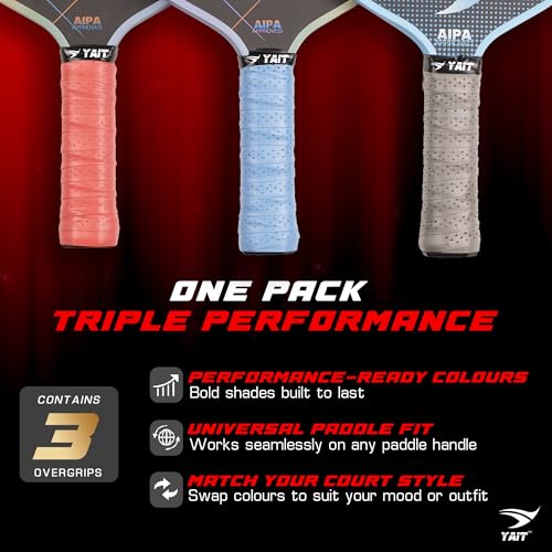 Image of Universal Overgrips (Pack of 3) | High Tack Design | Breathable Comfort Material | Usable for Pickleball, Badminton, Tennis, Squash and Padel | Red, Blue & Grey Colours - Pack of 3