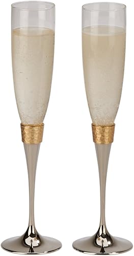 Creative Gifts - Copas de champán martilladas con tallo dorado, juego de 2 vasos de tostado, vidrio pesado, caja de regalo incluida
