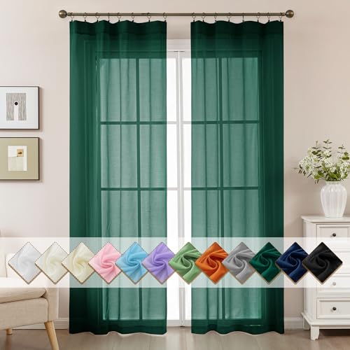 Image of Green Sheer Curtains 84 Inches Long, Privacy Semi Sheer Curtains for Living Room Bedroom, Light Filtering Rod Pocket Voile Window Drapes 2 Panels Set, Each 42 inch W x 84 inch L