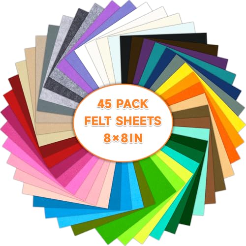 45 Pcs Felt Fabric Sheets for Craft, 8"x8" Assorted Colors Non Woven Felt Sheets, 2mm Thick Felt Fabric Square for DIY Sewing Crafts, Patchwork, School Projects, Decoration