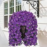 HyeFlora Artificial Faux Hanging Flowers Plants Basket for Outdoor Outside Porch Decoration, UV Resistant Fake Silk Purple Morning Glory Trailing Vines Realistic for Summer Home Balcony Yard Patio