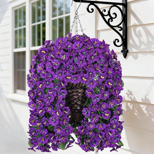 Hanging Artificial Flowers Basket, Fake Hanging Plant, Silk Orchid Flowers, Faux Flower Arrangement for Outdoor Garden Yard Pouch Patio Indoor Home Decoration (Purple)