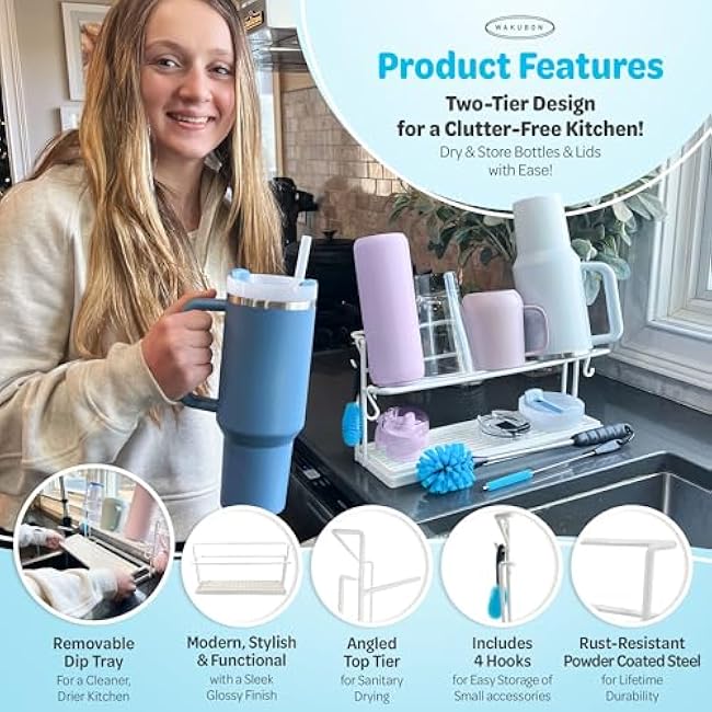 Bottle Drying Rack for Kitchen Countertop - Two-Tier for Water Bottles and Tumblers, Space-Saving Storage Stand with Drainage Tray, Includes Water Bottle Drying Rack Brush Cleaning Set (White)