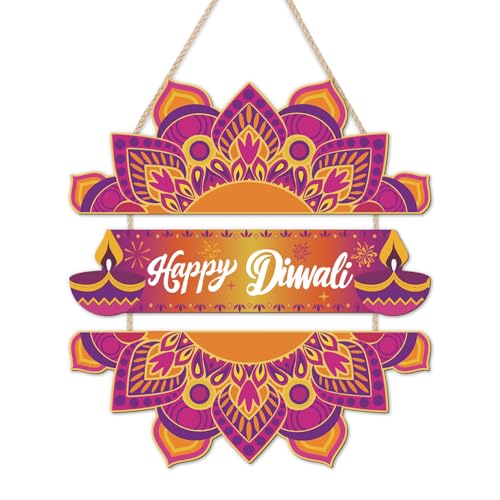 LHIUEM Happy Diwali Wooden Signs Indian Festival of Lights Door Hanging Decor Set of 3(4”X11”) Indian Wreath Garland,Dewalee Wood Wall Hanging,Diya Lotus Door Hanger Diwali Party Decor for Home Porch