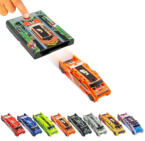FLAT 2 FAST Original Stunt Card Racer – Flat Car Racer and Pocket Size Racecar Launcher with Built-in Button for Stunts and Racing – Compact Transforming Toy Car for Boys – Lava Orange