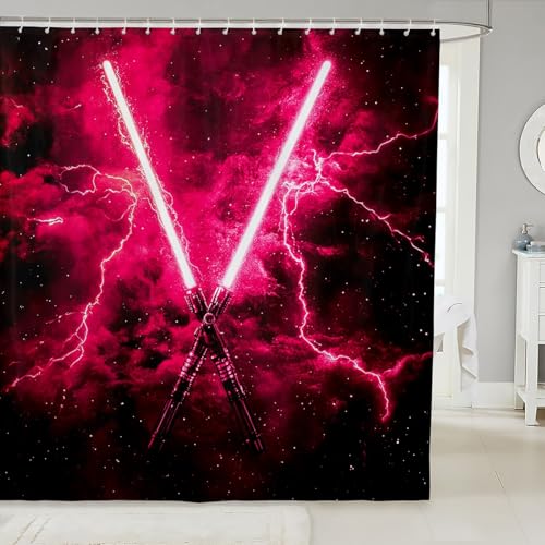 Pink Lightsaber Shower Curtain Boys Girls Geometric Lines Gradient Fabric Shower Curtain 72" W X 78" L Gradient Aesthetic Waterproof Bathroom Curtains Future Video Game Bath Curtains for Kids