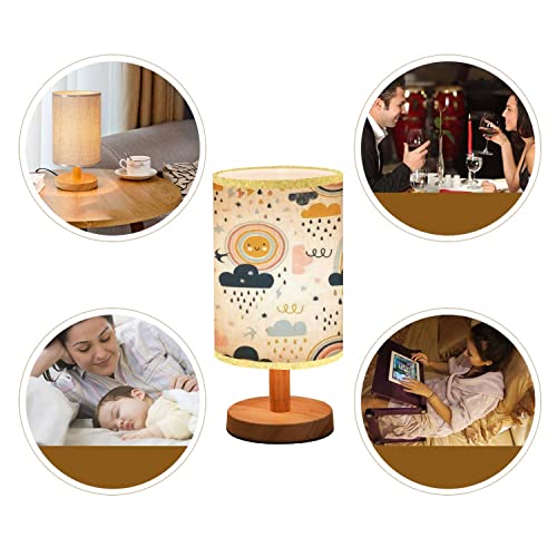 Lopyeijfg Minimalist Bedside Table Lamp Seamless Cute Hand Drawn Rainbows Rain Drops Clouds Sun Martlets Wood Nightstand Lamp Bedside Desk Lamp Wood Base Flaxen Fabric Shade For Bedroom Living Room #TOP4