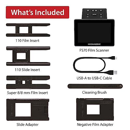 Magnasonic All-in-One 25MP Film Scanner with Large 5" Display & HDMI, Converts 35mm/126/110/Super 8 Film & 135/126/110 Slides into Digital Photos, Built-in Memory (FS70)