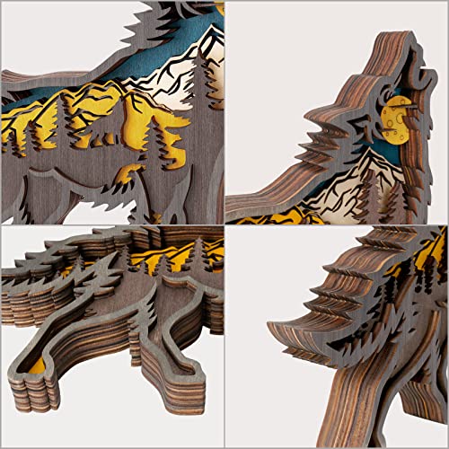 Forest Animals Wooden Wolf Decor, Wolf Figurines And Statues, Howling Wolf Desk Decor With Hollowed Multilayers, Wood Wolf Sculpture Rustic Home Decor, Wolf Decorations For Home Shelf Cabinet Table #TOP2