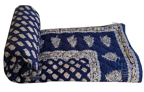 Image of Jaipuri Razai Double Bed Gold Print with Computerized Quilting Use as Soft and Breathable Cotton Comforter Quilt Rajai Blanket Dohar Size 85X100 inch Blue Pack of 1