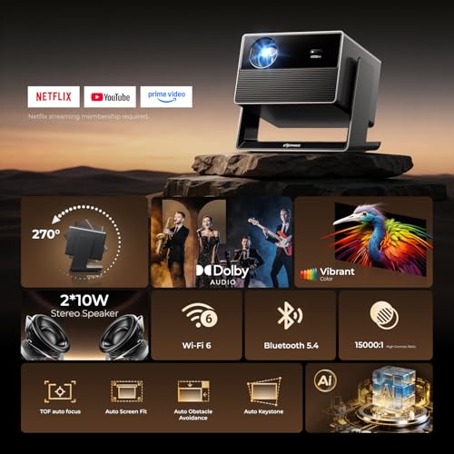 Image of ELEPHAS Smart 4K Projector with WiFi and Bluetooth - Compatible with Netflix /Prime Video /YouTube, 270 Rotatable, AI Auto Focus & Keystone, Portable Home Theater Movie Projector for Indoor Outdoor