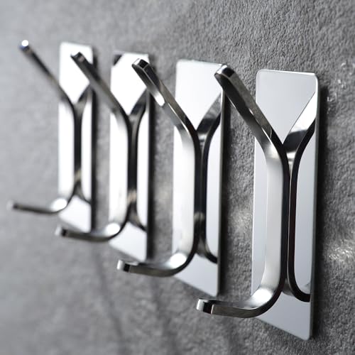 YIGII Adhesive Hooks -4 Packs Wall Hooks for Hanging Towels, Clothes, Robes Stick On Towel Hooks No Drill for Bathrooms Kitchen Stainless Steel
