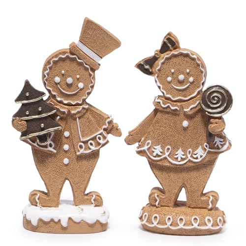 Hodao Figuras de pareja de pan de jengibre, decoraciones de resina de Navidad para decoración del hogar interior, bonitos adornos de hombre y mujer de jengibre, figuras navideñas para sala de estar