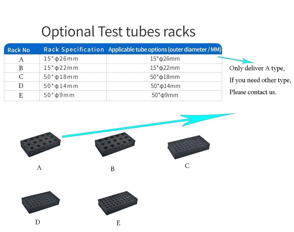 Table showing optional test tube rack specifications and applicable tube options, with a note that only type A is delivered by default.