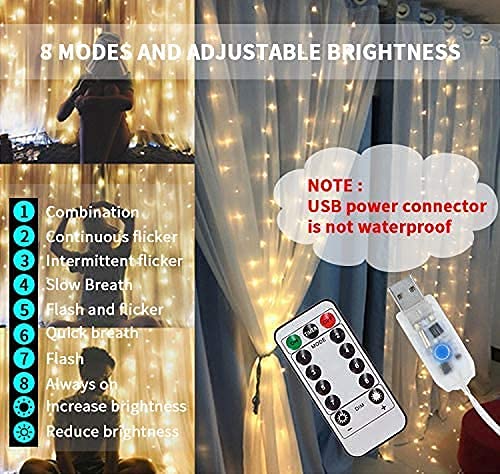 Image of K D Enterprises Window Curtain String Light 300 LED 8 Lighting Modes Fairy Lights Remote Control USB Powered Waterproof Lights for Diwali (Yellow)