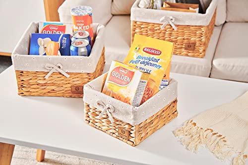 Qh & Garden Hand-Woven Water Hyacinth Storage Baskets For Organizing,Decorative Square Wicker Basket With Detachable Liner,Natural Seagrass Woven Organizer Baskets For Shelves(Set Of 3) #TOP2
