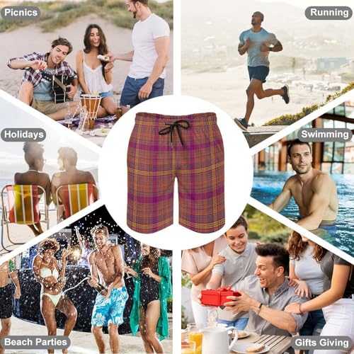 Hawaiian Shorts for Men - Comfy Retro Burgundy Plaid Print Mens Swim Trunks Bathing Suits with Mesh Lining 6