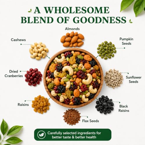 Image of D' Nature Eatery Mixed Dry Fruits 500g Healthy Natural 8 in 1 Superfood Trail Mix Nuts Seeds and Berries | Rich in High Protein Almonds, Cashew, Raisin, Pumpkin, Sunflower and Flax Seeds