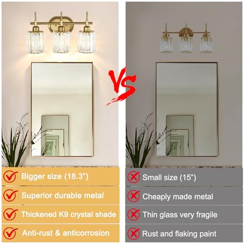 Image of Bathroom Vanity Light, 3-Light Brushed Gold Bathroom Light Fixtures, Modern Wall Sconces with Crystal Clear Shades, Wall Mounted Lamp Over Mirror for Bedroom Living Room