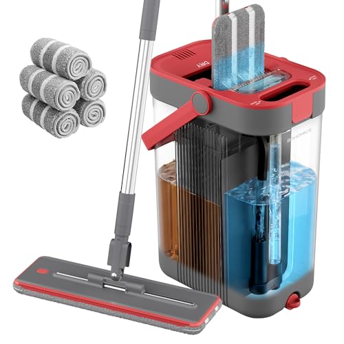 SONGMICS Ensemble Serpillère et Seau, Séparation Eau Propre/Sale, Seau à 3 Compartiments, avec Essoreur, Balai Plat, Tête Rotative 360°, 5 Chiffons Microfibres, Gris et Rouge LMB001GT05