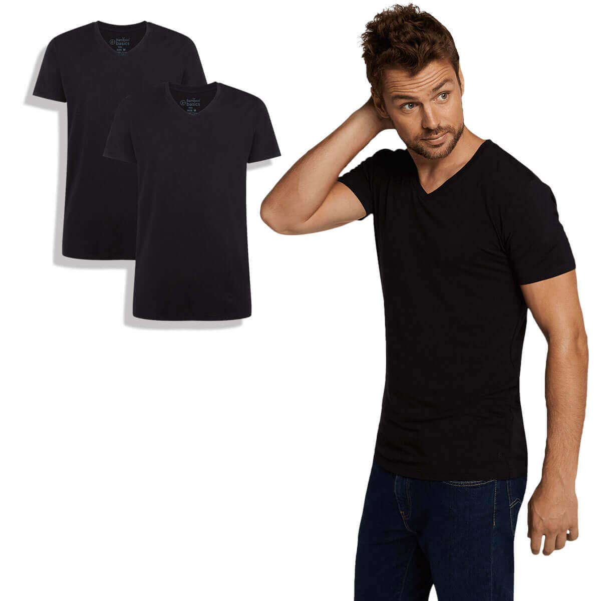 Bamboo Basics - Camiseta de bambú para hombre - Velo - Cuello de pico - Pack de 2 - Extra suave y transpirable - Blanco - S-XXL