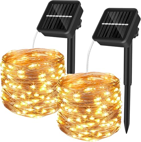 Yizhet Guirnaldas Luces Exterior Solar, 2 Piezas 15+2M 150 Led Cadena de Luces Solares, 8 Modos, Impermeable IP65, Luz Blanca Cálida, Total 34M 400Led para Navidad, Bodas, Terraza, Patio, Jardines