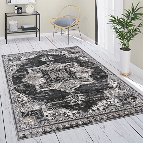 Paco Home Teppich Wohnzimmer Schlafzimmer Kurzflor Vintage Optik Orientalisch Moderne Ornamente Mandala Stil Bordüre, Grösse:80x150 cm, Farbe:Schwarz 3