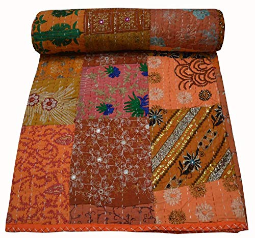 V Vedant Designs Khambadiya Print Hand Jari Pacthwork Cotton Quilt Gudri Vintage Handmade Kantha Indian Throw Bedcover Bedspread Khambadiya Quilts, Oragne, 90x108 Inch