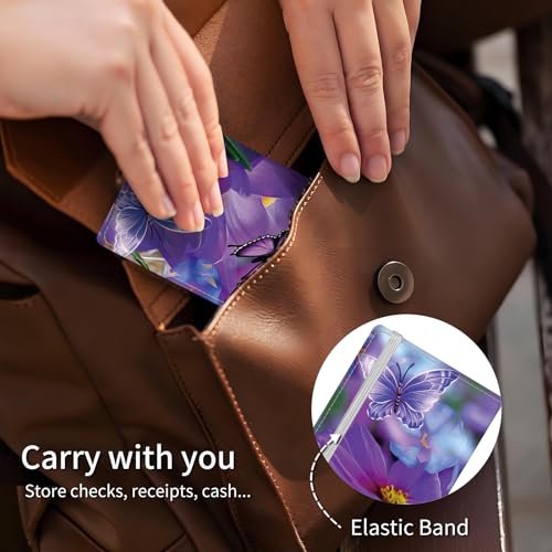 APVDSH Checkbook Cover for Personal Checkbook, Cute PU Leather Check Book for Women & Men, Slim Checkbook Holder with Pen Holder and Built-in Clear Plastic Divider Purple Floral Butterflies by APVDSH - Used condition - Image 3