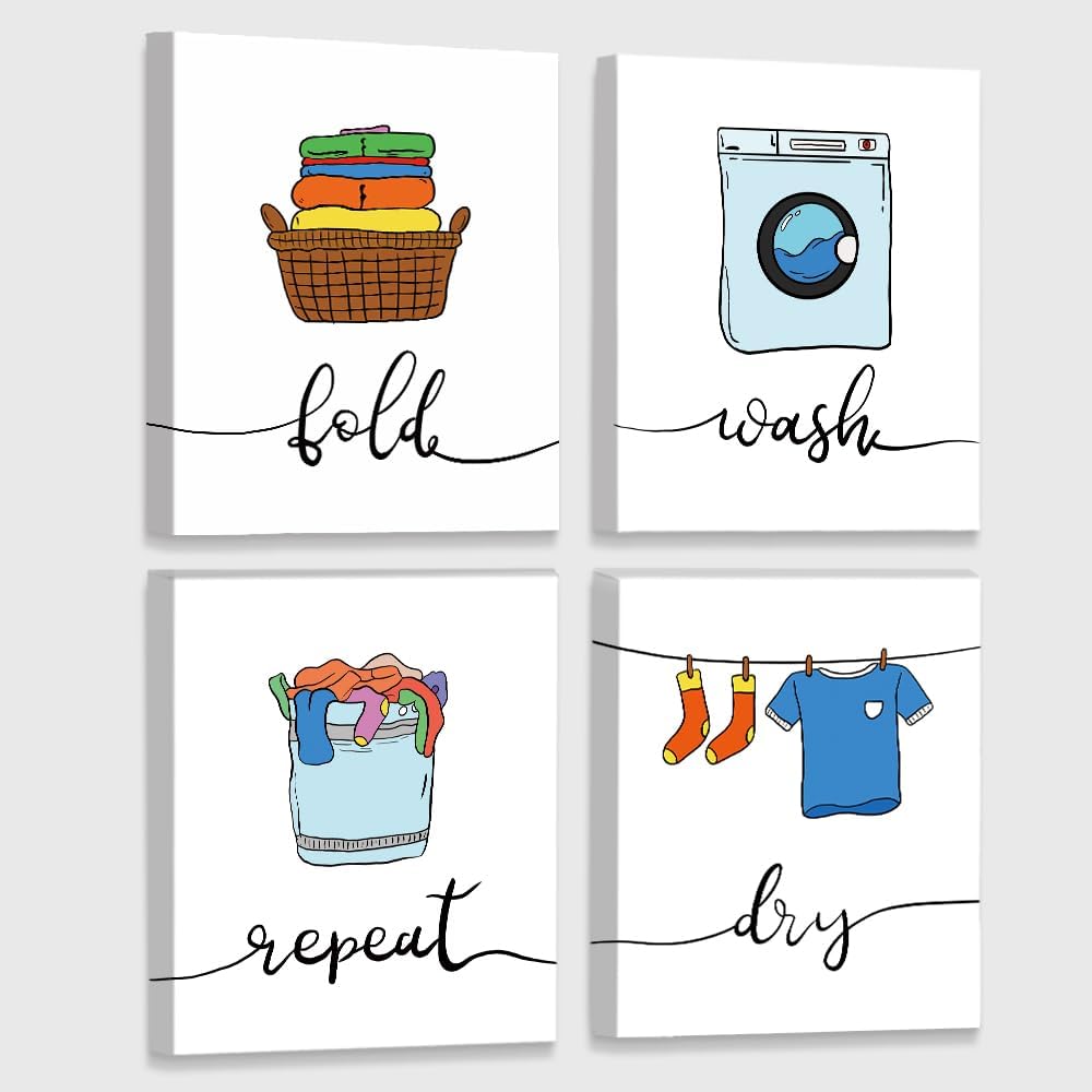 Watercolor Laundry Room Wall Art Canvas Prints,Funny Modern Home Bedroom Framed Art Posters Bathroom Wall Decor Set of 4(8"x10").