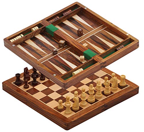 SouvNear Wood Backgammon and Chess Set Combo - 12 Inch Travel Size Portable Folding Game Board with Storage and Magnetic Chess and Backgammon Pieces in Rosewood.
