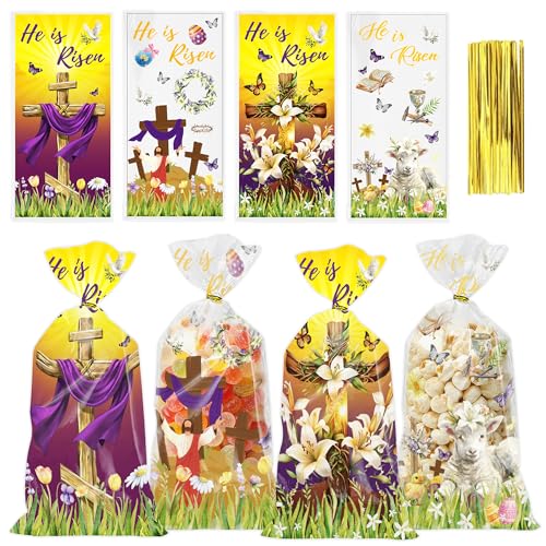 EoBeCy 100 Pcs Religious Easter Gift Bags, He Is Risen Christian Plastic Treat Bags with Cross and Lily Designs, Sunday School Church Event Favor Bags for Kids and Adults