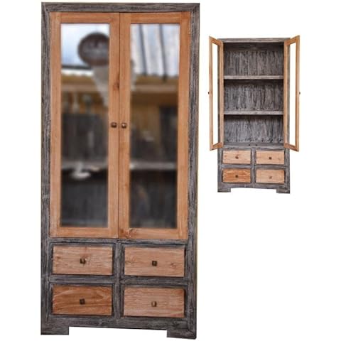 Marblechic - Showcase in Teak Wood bi Color Natural and Black with drawers and Doors cm 90x45x180h Cover