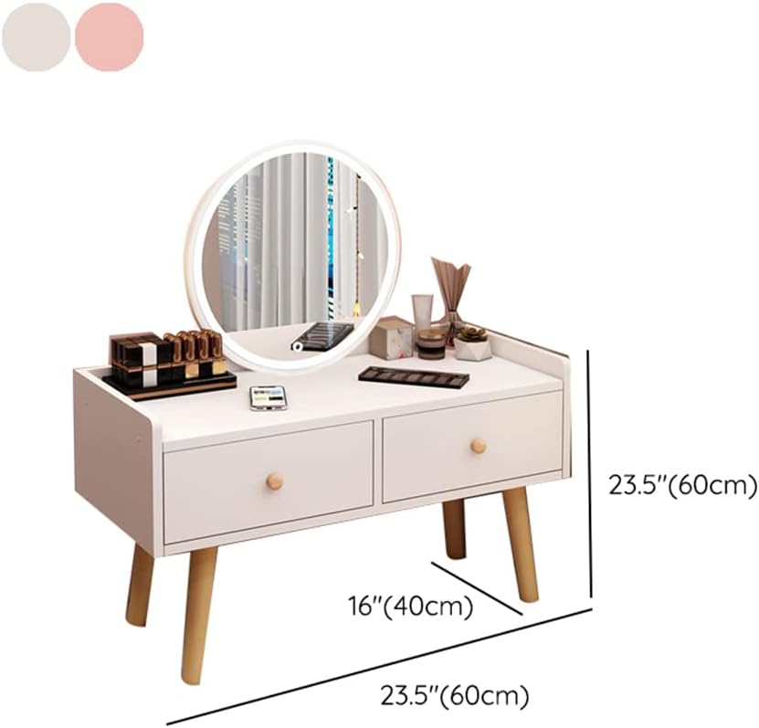 LITFAD Modern Makeup Vanity Standing Vanity Set with Drawer Bedroom Wood Dressing Table - Makeup Vanity & Mirror with LED Light White 24" L x 16" W x 24" H
