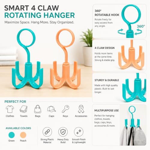 Image of Heda Multi-Function 360 Rotatable 4-Claw Hook Hangers | Space Saving Closet Organizer for Clothes, Bags & Accessories | Multicolor (3)