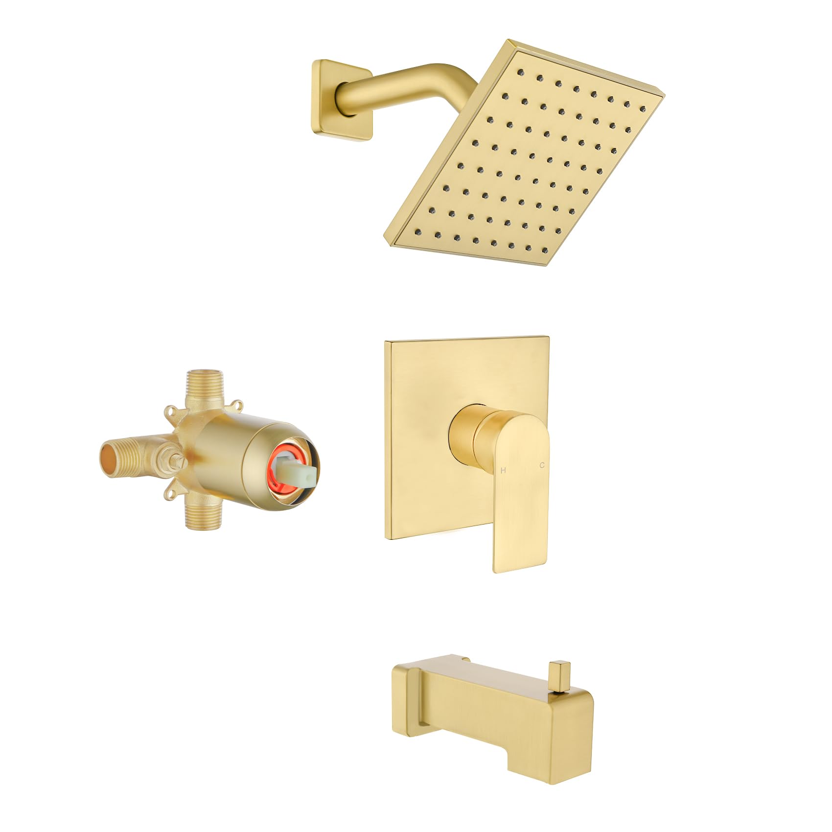 Brushed Gold Shower Faucet Set with Tub Spout, 6 Inch Rain Shower Head and Tub Spout, Shower Fixtures with Tub Spout, Tub and Shower Trim Kit