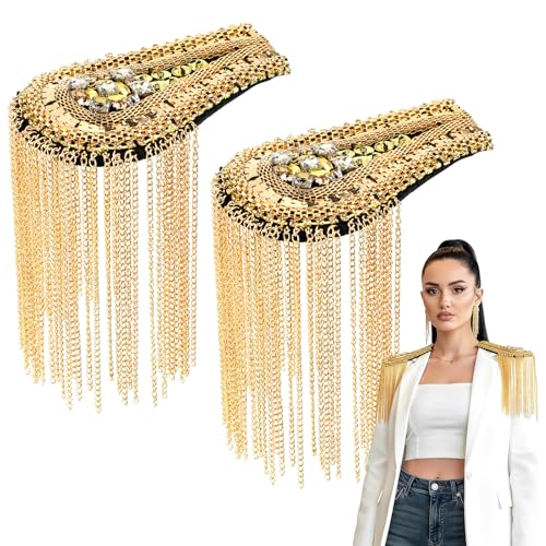 Jeffdad 2 Pcs Shoulder Epaulets Gold Tassel Shoulder Epaulette Punk Tassel Link Chain Boards Badge Fringe Chain Shoulders Badge for Men Women Jacket Suit Cosplay