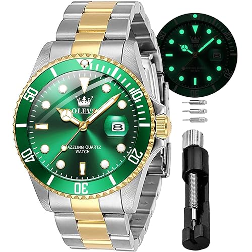 OLEVS Men Watches Quartz Watch Wrist Watch for Men Stainless Steel with Date Classic Bussiness Big Face Waterproof Luminous Green/Black/Blue