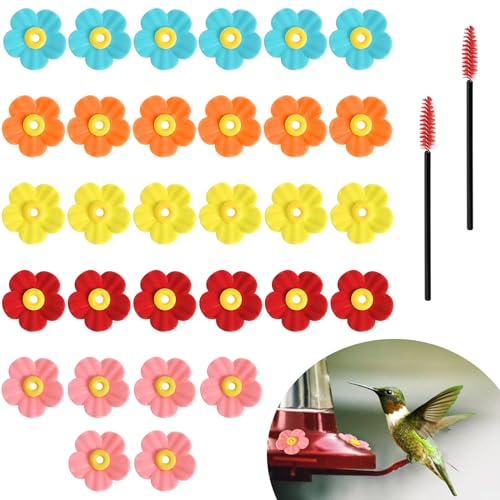 30 Pieces Hummingbird Feeders Replacement Flowers, Feeding Ports Replacement Bird Feeder Replacement Parts for Hanging Feeding Hummingbird Outdoors(Pink,Blue,Red, Yellow, Orange)