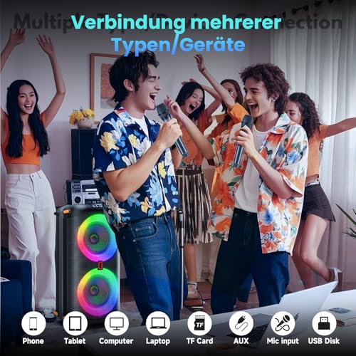 HWWR Karaoke Maschine, Tragbarer Bluetooth-Lautsprecher mit 2 drahtlosen Mikrofonen für Erwachsene, Karaoke Box PA-System mit Disco-Lichtern für große Party,
