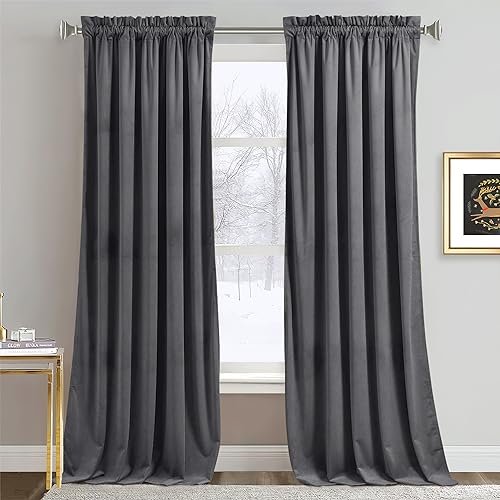 Image of RYB HOME Grey Velvet Curtains 96 inches - Soft Blackout Curtains for Living Room, Energy Saving Window Drapes Darkening Panels for Bedroom Studio Library, 52 x 96 inches Long, 1 Pair | Thermal Insulated, Privacy, Sunlight UV Heat Blocking, Luxurious Decor, Dining Room Nursery, Rod Pocket, W52 x L96, 2 Panels