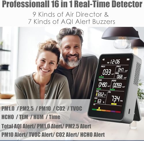 Image of Professional Indoor Air Quality Monitor with AQI Alerts, Portable Real-Time Detector for Home, Car, Plants & Pet (Concrete Gray)