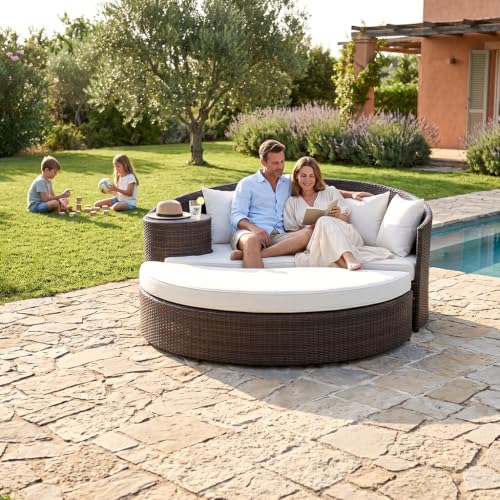 Image of BRISHI Outdoor Patio Daybed /Sunbed /Swimming Pool Side /Sun Lounger /Garden /Terrace /Balcony /Wicker and Rattan Daybed (Dark Brown /White)