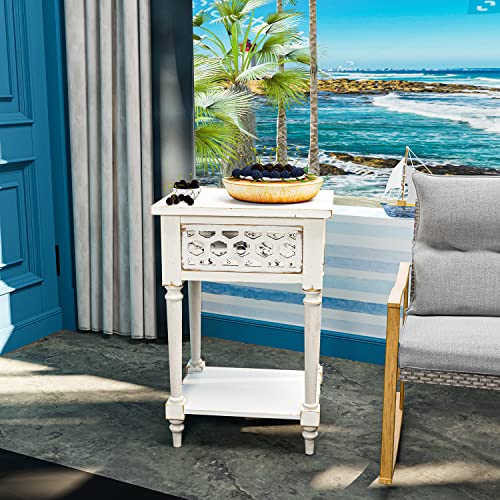 Hompus End Table W Drawer & Shlef, White Small Square Nightstand, Rectangular Modern Vintage Side Table W Honeycomb Pattern Mirror, Wood Small Accent Table For Living Room, Bedroom #TOP5